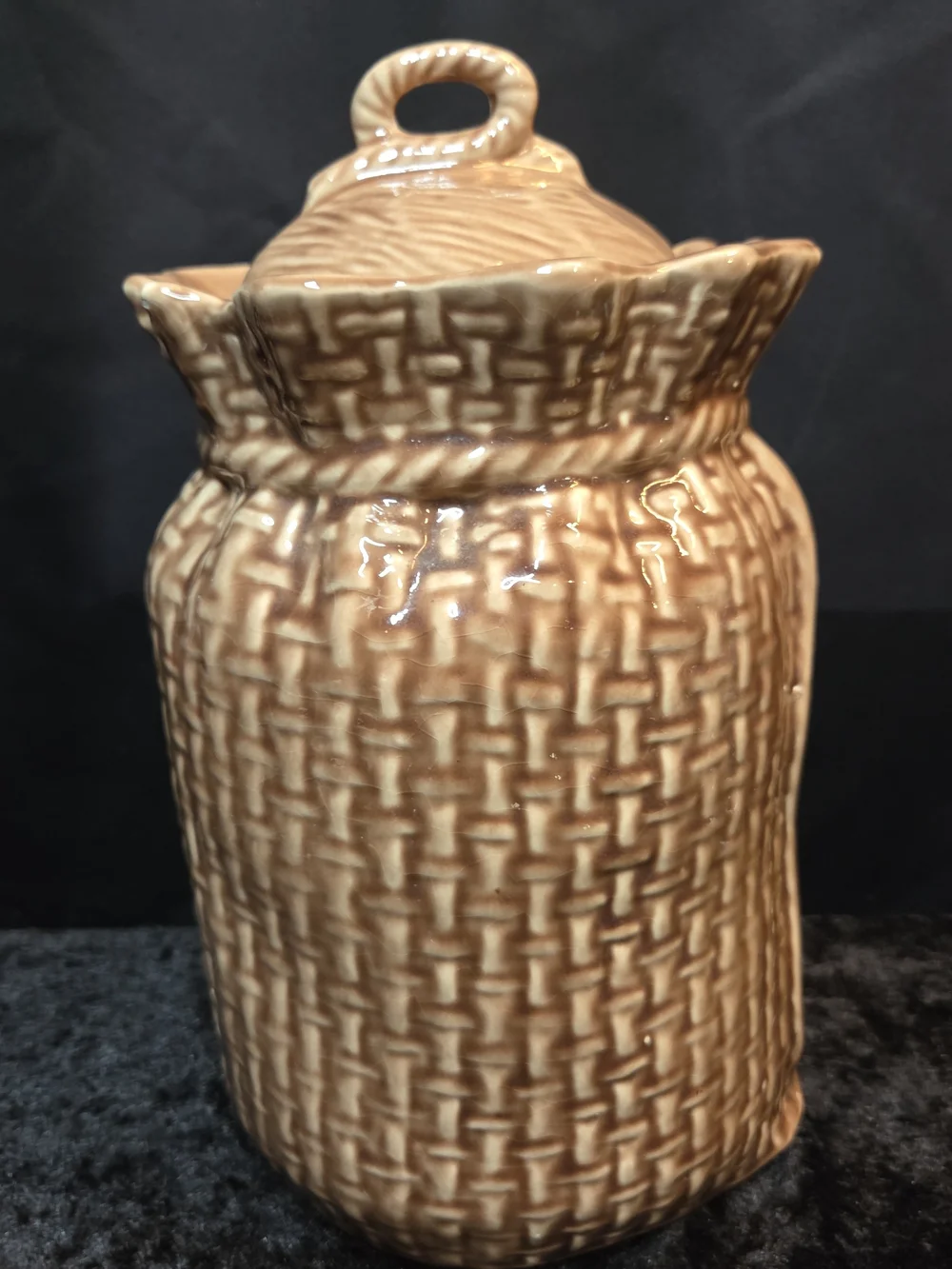 Mccoy Brown Glazed Ceramic Basketweave Cookie Jar with Lid